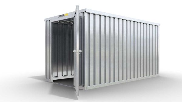 Lagercontainer XL  – 10 qm, H2115 x B5080 x T2170 mm, verzinkt, ohne Fußboden, 1270 mm Einflügeltür mittig in Stirnseite, zerlegt