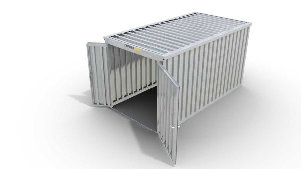 Lagercontainer L  – 8 qm, H2115 x B4050 x T2170 mm, verzinkt, ohne Fußboden, 1830 mm Doppelflügeltür mittig in Stirnseite, zerlegt