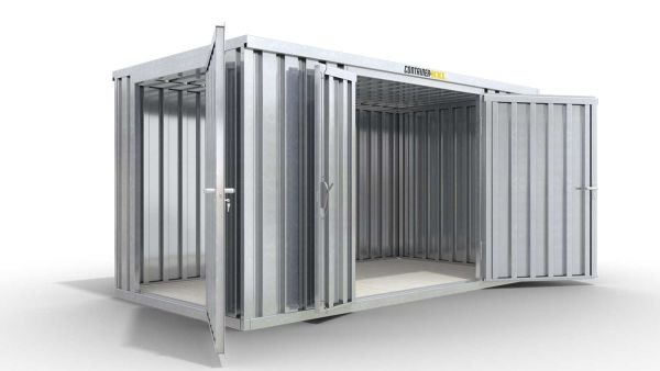 Lagercontainer XL  – 10 qm, H2150 x B5080 x T2170 mm, verzinkt, mit Holzfußboden, 1830 mm Doppelflügeltür mittig in Breitseite und 1270 mm Einflügeltür mittig in Stirnseite, zerlegt