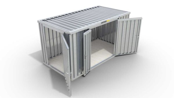 Lagercontainer L  – 8 qm, H2150 x B4050 x T2170 mm, verzinkt, mit Holzfußboden, 1830 mm Doppelflügeltür mittig in Breitseite und 1270 mm Einflügeltür mittig in Stirnseite, zerlegt