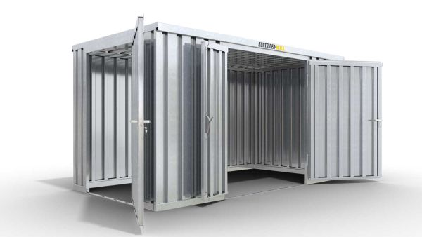 Lagercontainer XL  – 10 qm, H2115 x B5080 x T2170 mm, verzinkt, ohne Fußboden, 1830 mm Doppelflügeltür mittig in Breitseite und 1270 mm Einflügeltür mittig in Stirnseite, zerlegt