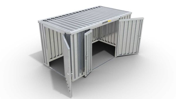 Lagercontainer M  – 6 qm, H2115 x B3050 x T2170 mm, verzinkt, ohne Fußboden, 1830 mm Doppelflügeltür mittig in Breitseite und 1270 mm Einflügeltür mittig in Stirnseite, zerlegt