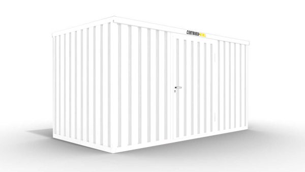 Isolierter Lagercontainer – 6 qm, 2405 x 3050 x 2170 mm, grauweiß, mit Holzfußboden, 1180 mm Einflügeltür mittig in Breitseite, montiert