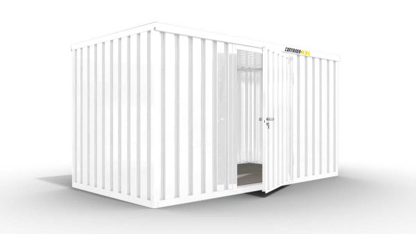 Isolierter Lagercontainer – 6 qm, 2405 x 3050 x 2170 mm, grauweiß, mit Holzfußboden, 1180 mm Einflügeltür mittig in Breitseite, montiert