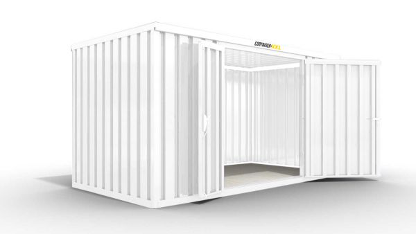 Isolierter Lagercontainer – 8 qm, 2405 x 4050 x 2170 mm, grauweiß, mit Holzfußboden, 1840 mm Doppelflügeltür mittig in Breitseite, montiert