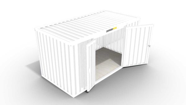 Isolierter Lagercontainer – 12 qm, 2405 x 6080 x 2170 mm, grauweiß, mit Holzfußboden, 1840 mm Doppelflügeltür mittig in Breitseite, montiert