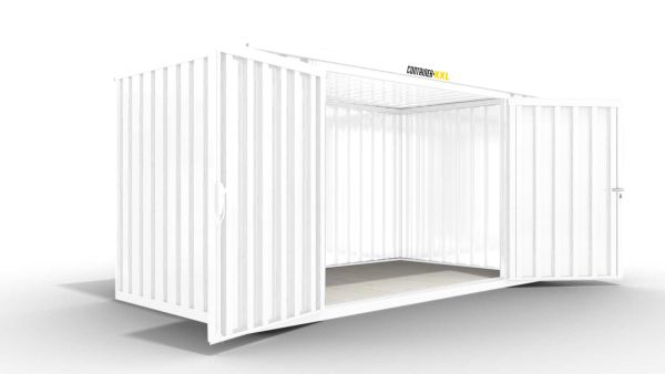 Isolierter Lagercontainer – 10 qm, 2405 x 5080 x 2170 mm, grauweiß, mit Holzfußboden, 2400 mm Doppelflügeltür mittig in Breitseite, montiert