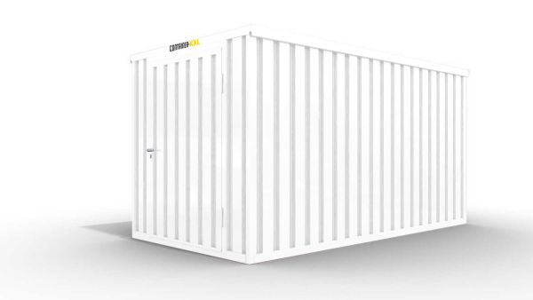 Isolierter Lagercontainer – 6 qm, 2465 x 3050 x 2170 mm, grauweiß, mit isoliertem Boden, 1180 mm Einflügeltür mittig in Stirnseite, montiert