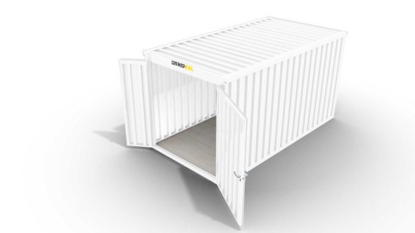 Isolierter Lagercontainer – 6 qm, 2465 x 3050 x 2170 mm, grauweiß, mit isoliertem Boden, 1840 mm Doppelflügeltür mittig in Stirnseite, montiert