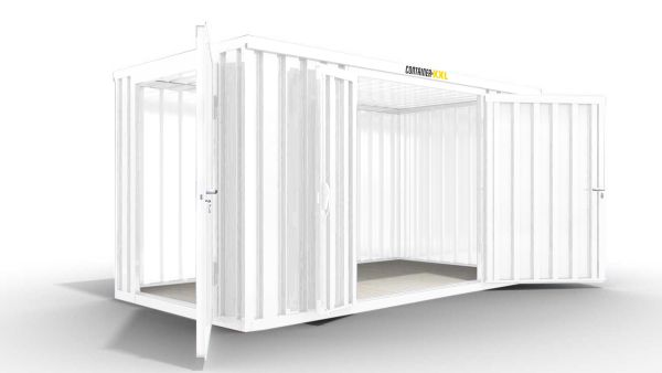 Isolierter Lagercontainer – 12 qm, 2465 x 6080 x 2170 mm, verzinkt, mit isoliertem Boden, 1840 mm Doppelflügeltür mittig in Breitseite und 1180 mm Einflügeltür mittig in Stirnseite, montiert