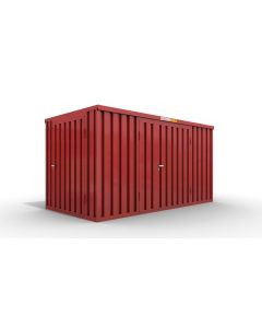 Lagercontainer M  – 6 qm, H2150 x B3050 x T2170 mm, Außenwandlackierung RAL 3000 feuerrot, Dach außen verzinkt, mit Holzfußboden, 1830 mm Doppelflügeltür mittig in Breitseite und 1270 mm Einflügeltür mittig in Stirnseite, montiert