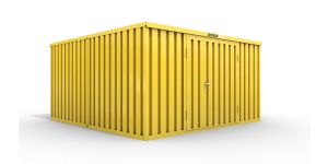 Lagercontainer XL2  – 21 qm, H2150 x B5080 x T4340 mm, Außenwandlackierung RAL 1003 signalgelb, Dach außen verzinkt, mit Holzfußboden, 1830 mm Doppelflügeltür mittig in Stirnseite, montiert