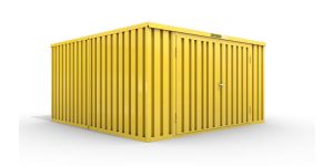 Lagercontainer XL2  – 21 qm, H2150 x B5080 x T4340 mm, Außenwandlackierung RAL 1003 signalgelb, Dach außen verzinkt, mit Holzfußboden, 2750 mm Doppelflügeltür mittig in Stirnseite, montiert