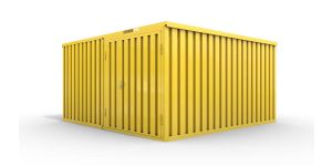 Lagercontainer XL2  – 21 qm, H2150 x B5080 x T4340 mm, Außenwandlackierung RAL 1003 signalgelb, Dach außen verzinkt, mit Holzfußboden, 1830 mm Doppelflügeltür mittig in Modul D, montiert