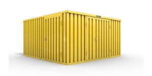 Lagercontainer XL2  – 21 qm, H2150 x B5080 x T4340 mm, Außenwandlackierung RAL 1003 signalgelb, Dach außen verzinkt, mit Holzfußboden, 1830 mm Doppelflügeltür mittig in Stirnseite und 1270 mm Einflügeltür mittig in Modul C, montiert