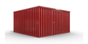 Lagercontainer M2  – 12 qm, H2150 x B3050 x T4340 mm, Außenwandlackierung RAL 3000 feuerrot, Dach außen verzinkt, mit Holzfußboden, 1270 mm Einflügeltür mittig in Breitseite, montiert