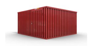 Lagercontainer M2  – 12 qm, H2150 x B3050 x T4340 mm, Außenwandlackierung RAL 3000 feuerrot, Dach außen verzinkt, mit Holzfußboden, 1270 mm Einflügeltür mittig in Modul D, montiert