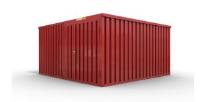 Lagercontainer M2  – 12 qm, H2150 x B3050 x T4340 mm, Außenwandlackierung RAL 3000 feuerrot, Dach außen verzinkt, mit Holzfußboden, 1830 mm Doppelflügeltür mittig in Modul D, montiert