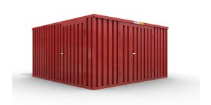 Lagercontainer M2  – 12 qm, H2150 x B3050 x T4340 mm, Außenwandlackierung RAL 3000 feuerrot, Dach außen verzinkt, mit Holzfußboden, 1830 mm Doppelflügeltür mittig in Stirnseite und 1270 mm Einflügeltür mittig in Modul C, montiert