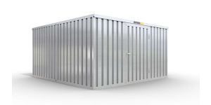 Lagercontainer XL2  – 21 qm, H2115 x B5080 x T4340 mm, verzinkt, ohne Fußboden, 1270 mm Einflügeltür mittig in Breitseite, zerlegt