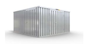 Lagercontainer L2  – 16 qm, H2115 x B4050 x T4340 mm, verzinkt, ohne Fußboden, 1830 mm Doppelflügeltür mittig in Stirnseite und 1270 mm Einflügeltür mittig in Modul C, zerlegt