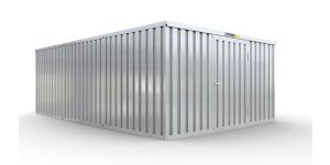 Lagercontainer L3  – 25 qm, H2150 x B4050 x T6520 mm, verzinkt, mit Holzfußboden, 1270 mm Einflügeltür mittig in Breitseite, zerlegt