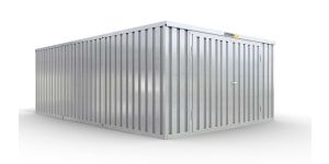 Lagercontainer L3  – 25 qm, H2115 x B4050 x T6520 mm, verzinkt, ohne Fußboden, 2750 mm Doppelflügeltür mittig in Stirnseite, zerlegt