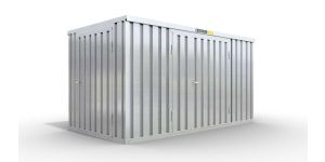 Lagercontainer XXL  – 12 qm, H2150 x B6080 x T2170 mm, verzinkt, mit Holzfußboden, 1830 mm Doppelflügeltür mittig in Breitseite und 1270 mm Einflügeltür mittig in Stirnseite, zerlegt