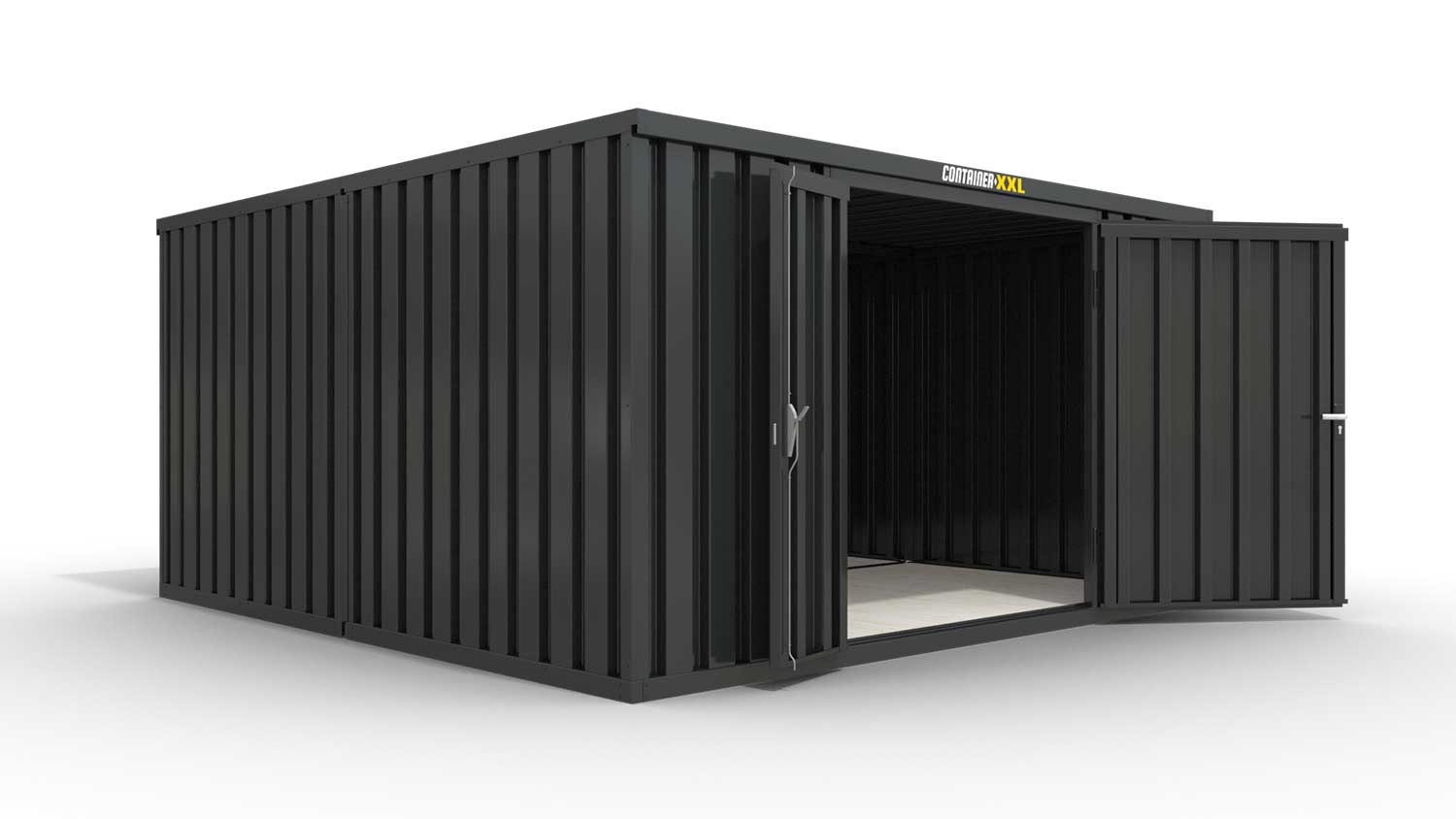 Lagercontainer XL2  – 21 qm, H2150 x B5080 x T4340 mm, Außenwandlackierung anthrazit, Dach außen verzinkt, mit Holzfußboden, 1830 mm Doppelflügeltür mittig in Stirnseite, montiert