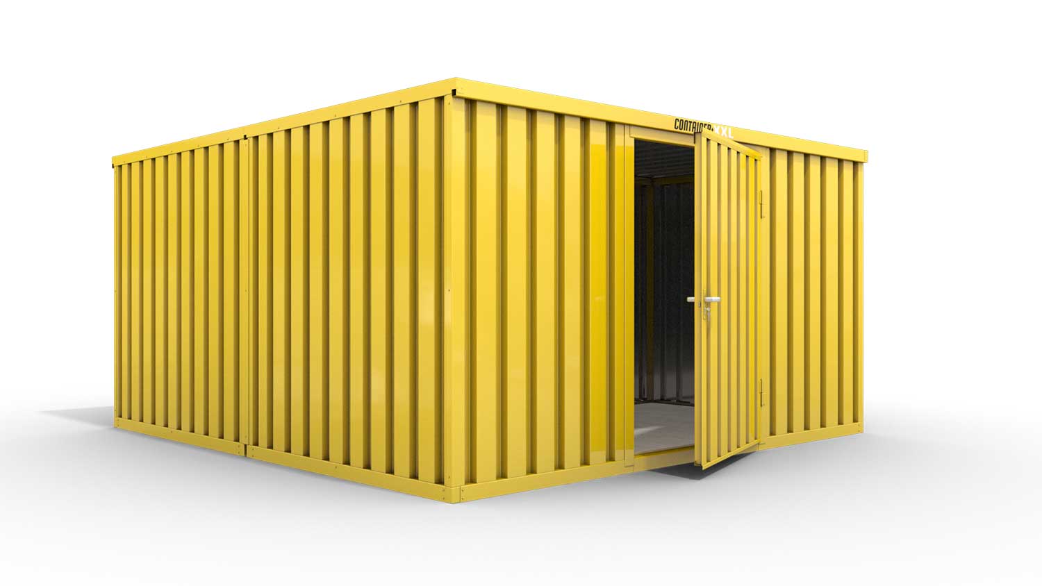 Lagercontainer L2  – 16 qm, H2150 x B4050 x T4340 mm, Außenwandlackierung RAL 1003 signalgelb, Dach außen verzinkt, mit Holzfußboden, 1270 mm Einflügeltür mittig in Breitseite, montiert