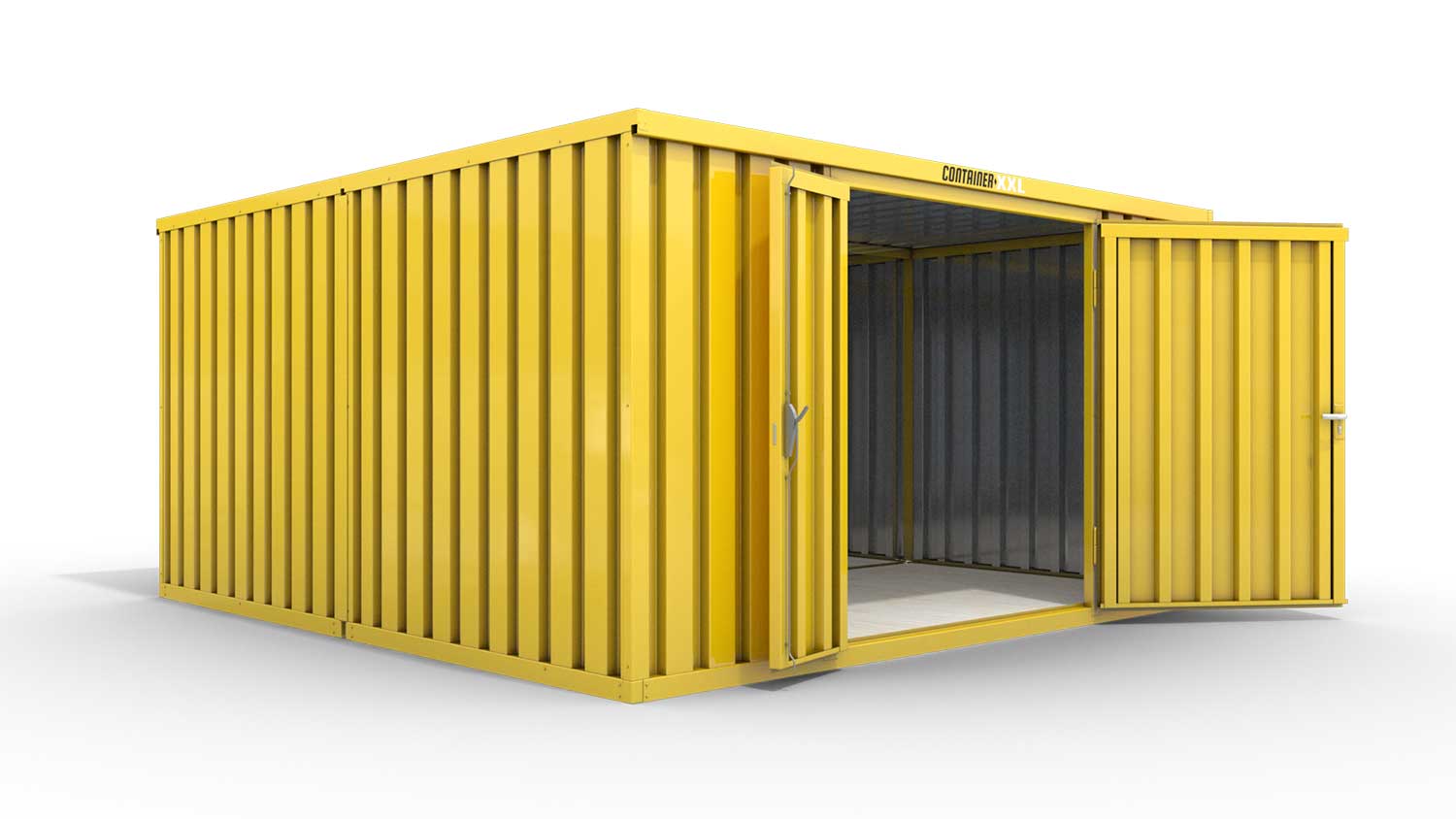 Lagercontainer XL2  – 21 qm, H2150 x B5080 x T4340 mm, Außenwandlackierung RAL 1003 signalgelb, Dach außen verzinkt, mit Holzfußboden, 1830 mm Doppelflügeltür mittig in Stirnseite, montiert