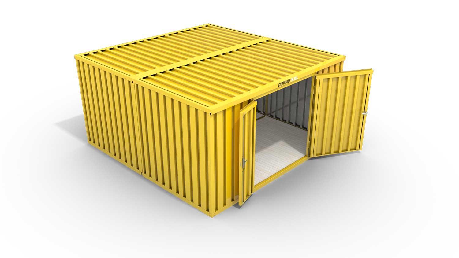 Lagercontainer M2  – 12 qm, H2150 x B3050 x T4340 mm, Außenwandlackierung RAL 1003 signalgelb, Dach außen verzinkt, mit Holzfußboden, 1830 mm Doppelflügeltür mittig in Stirnseite, montiert