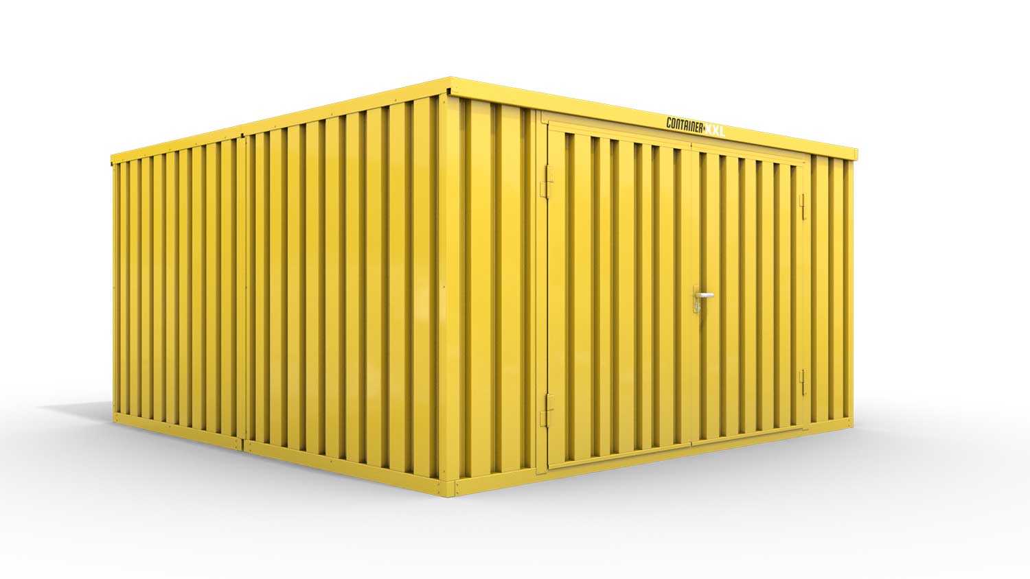 Lagercontainer M2  – 12 qm, H2150 x B3050 x T4340 mm, Außenwandlackierung RAL 1003 signalgelb, Dach außen verzinkt, mit Holzfußboden, 2750 mm Doppelflügeltür mittig in Stirnseite, montiert