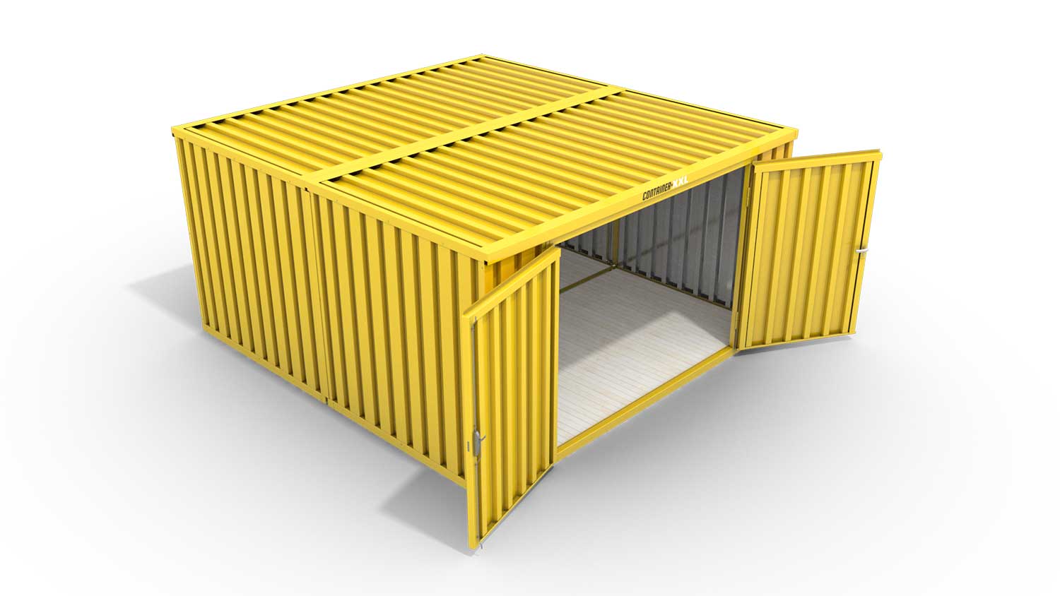 Lagercontainer L2  – 16 qm, H2150 x B4050 x T4340 mm, Außenwandlackierung RAL 1003 signalgelb, Dach außen verzinkt, mit Holzfußboden, 2750 mm Doppelflügeltür mittig in Stirnseite, montiert