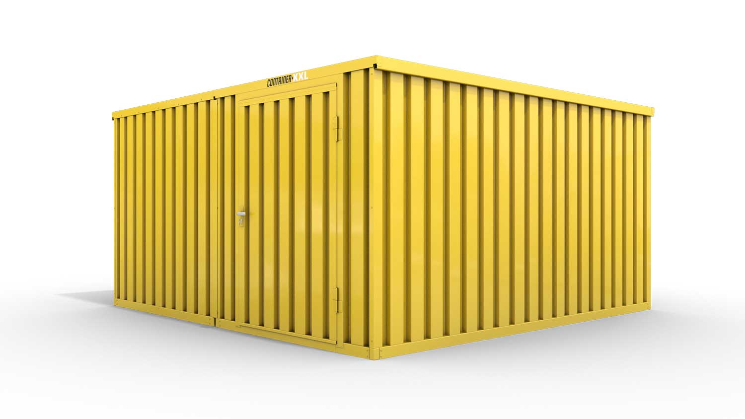 Lagercontainer XL2  – 21 qm, H2150 x B5080 x T4340 mm, Außenwandlackierung RAL 1003 signalgelb, Dach außen verzinkt, mit Holzfußboden, 1270 mm Einflügeltür mittig in Modul D, montiert