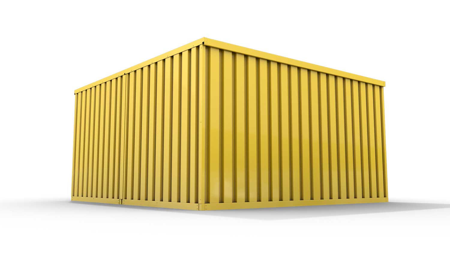 Lagercontainer M2  – 12 qm, H2150 x B3050 x T4340 mm, Außenwandlackierung RAL 1003 signalgelb, Dach außen verzinkt, mit Holzfußboden, 1270 mm Einflügeltür mittig in Modul D, montiert