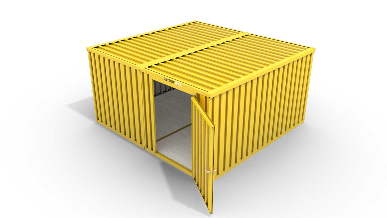 Lagercontainer M2  – 12 qm, H2150 x B3050 x T4340 mm, Außenwandlackierung RAL 1003 signalgelb, Dach außen verzinkt, mit Holzfußboden, 1270 mm Einflügeltür mittig in Modul D, montiert