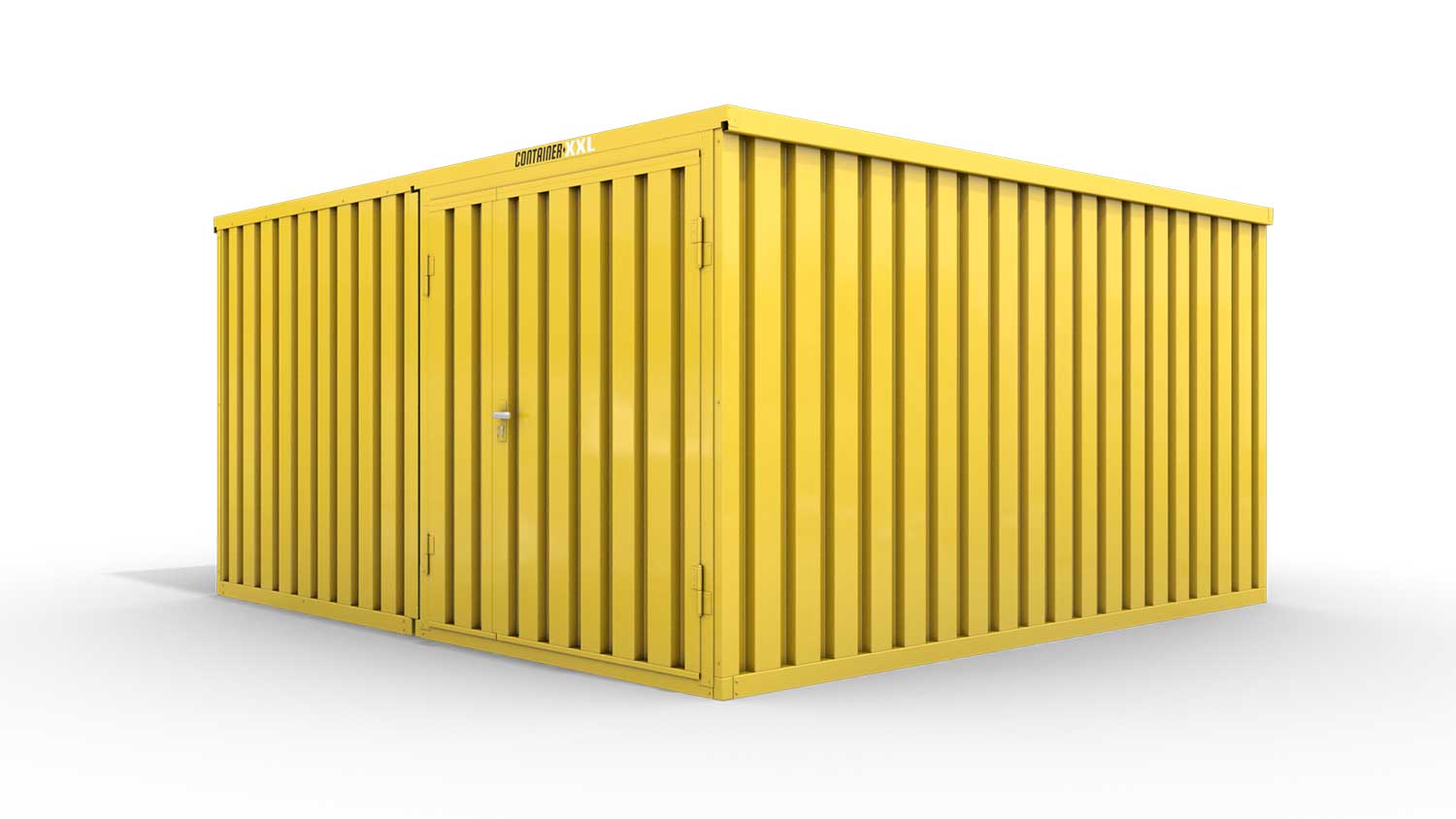 Lagercontainer XL2  – 21 qm, H2150 x B5080 x T4340 mm, Außenwandlackierung RAL 1003 signalgelb, Dach außen verzinkt, mit Holzfußboden, 1830 mm Doppelflügeltür mittig in Modul D, montiert