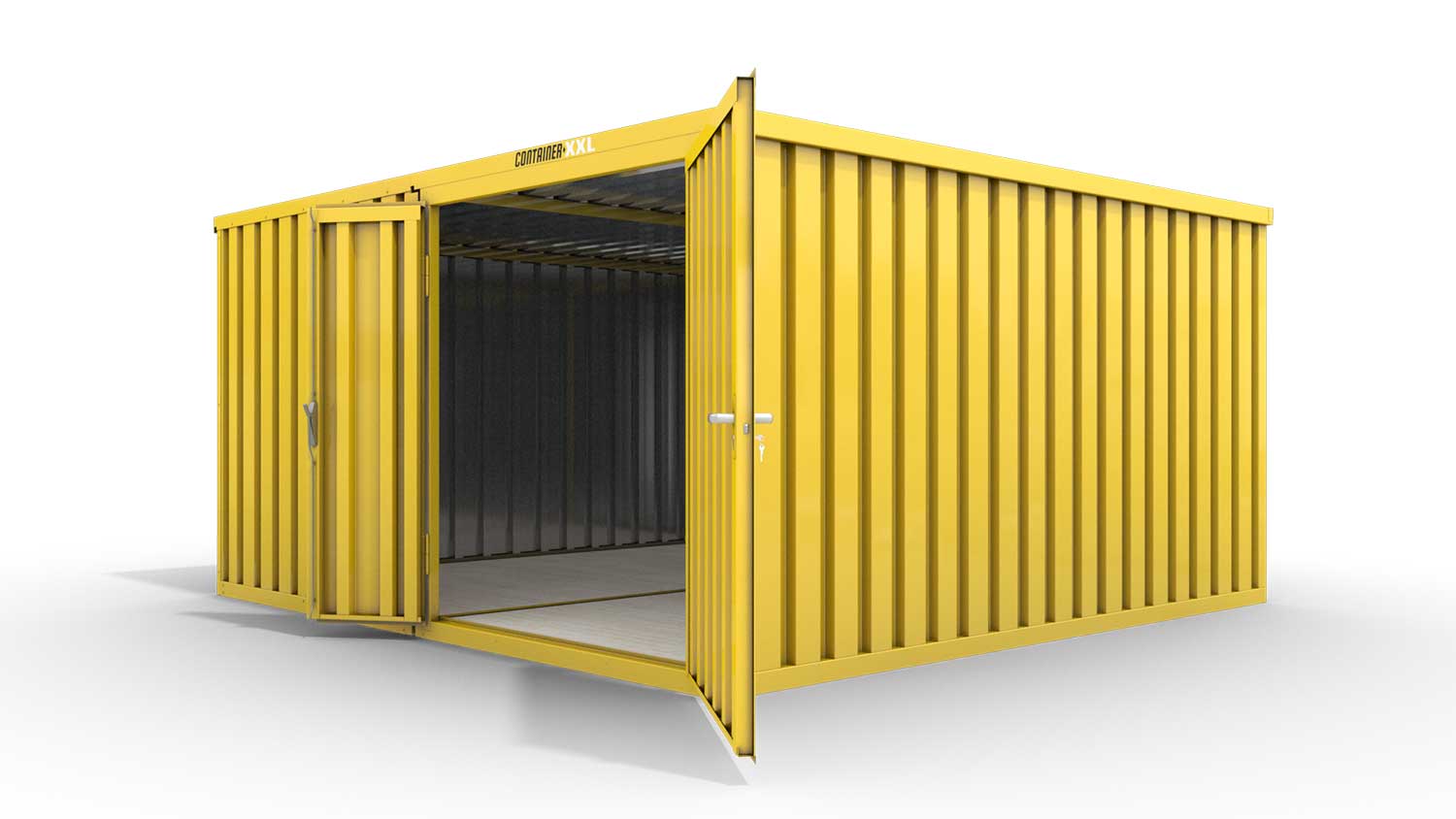 Lagercontainer XL2  – 21 qm, H2150 x B5080 x T4340 mm, Außenwandlackierung RAL 1003 signalgelb, Dach außen verzinkt, mit Holzfußboden, 1830 mm Doppelflügeltür mittig in Modul D, montiert