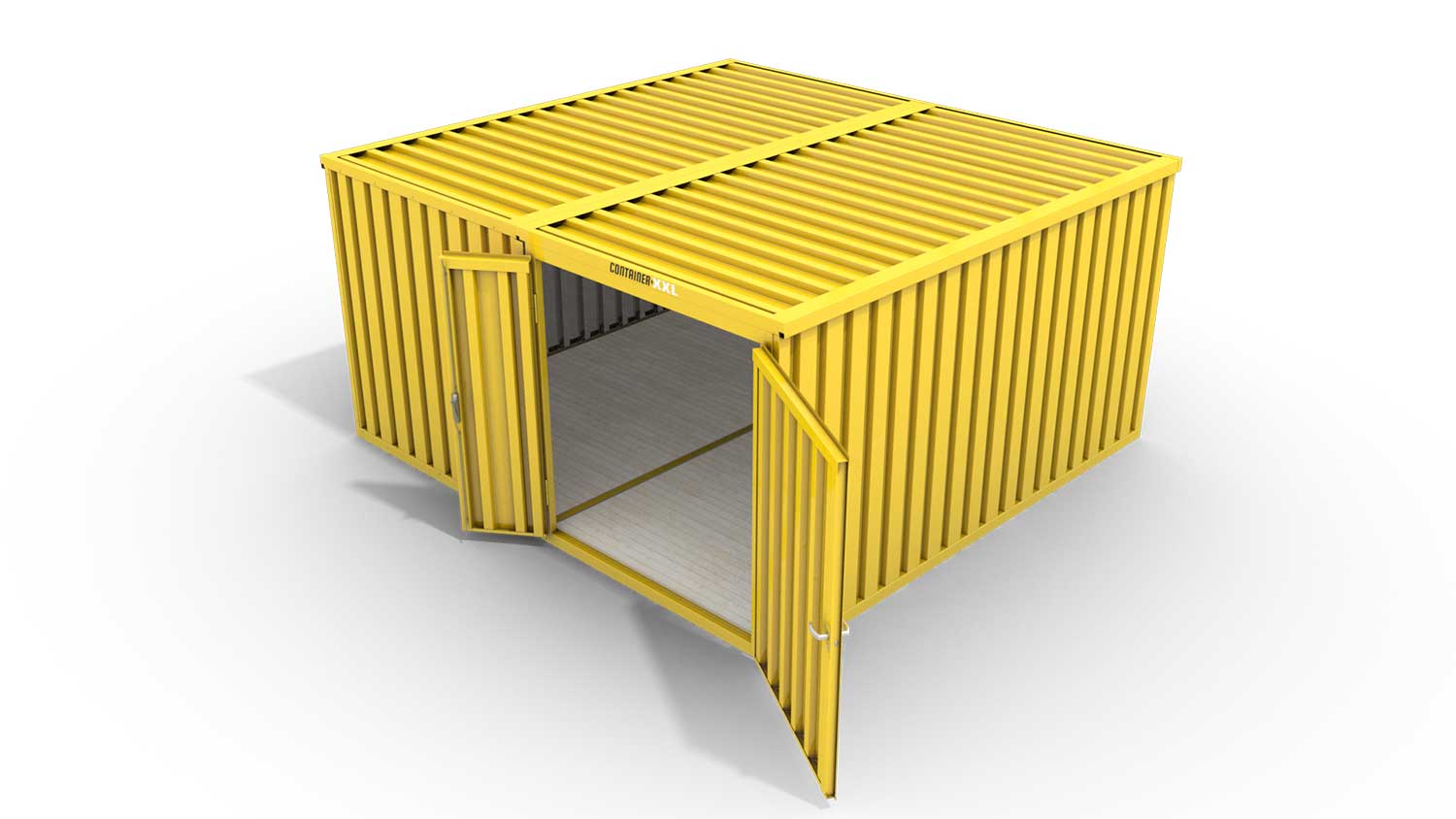 Lagercontainer L2  – 16 qm, H2150 x B4050 x T4340 mm, Außenwandlackierung RAL 1003 signalgelb, Dach außen verzinkt, mit Holzfußboden, 1830 mm Doppelflügeltür mittig in Modul D, montiert