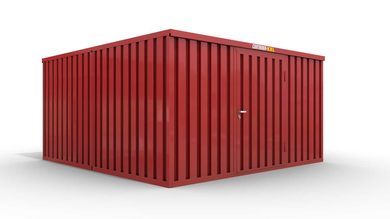 Lagercontainer M2  – 12 qm, H2150 x B3050 x T4340 mm, Außenwandlackierung RAL 3000 feuerrot, Dach außen verzinkt, mit Holzfußboden, 1270 mm Einflügeltür mittig in Breitseite, montiert