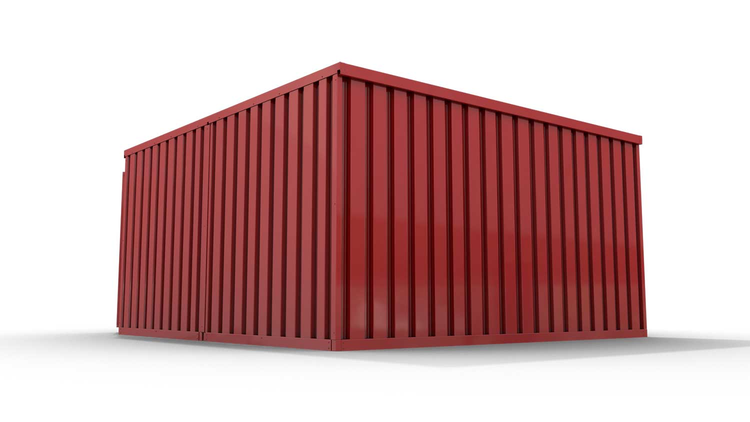 Lagercontainer XL2  – 21 qm, H2150 x B5080 x T4340 mm, Außenwandlackierung RAL 3000 feuerrot, Dach außen verzinkt, mit Holzfußboden, 1270 mm Einflügeltür mittig in Breitseite, montiert