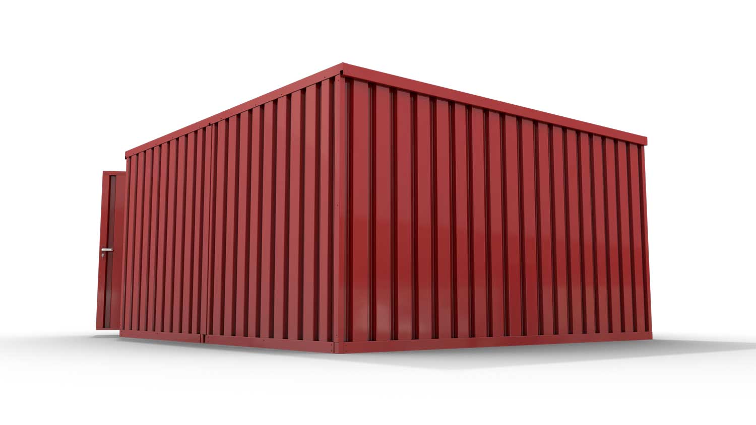 Lagercontainer M2  – 12 qm, H2150 x B3050 x T4340 mm, Außenwandlackierung RAL 3000 feuerrot, Dach außen verzinkt, mit Holzfußboden, 1830 mm Doppelflügeltür mittig in Stirnseite, montiert