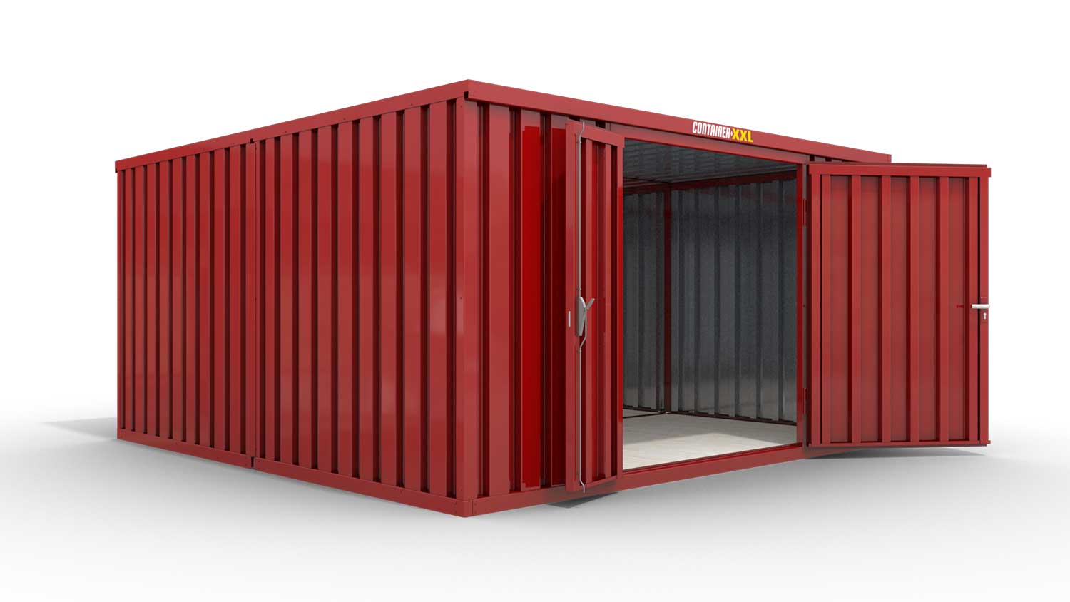 Lagercontainer M2  – 12 qm, H2150 x B3050 x T4340 mm, Außenwandlackierung RAL 3000 feuerrot, Dach außen verzinkt, mit Holzfußboden, 1830 mm Doppelflügeltür mittig in Stirnseite, montiert