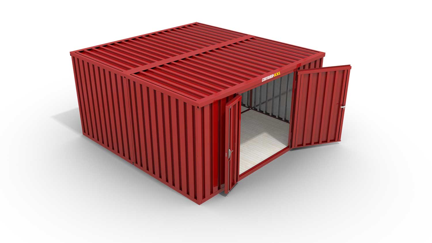 Lagercontainer L2  – 16 qm, H2150 x B4050 x T4340 mm, Außenwandlackierung RAL 3000 feuerrot, Dach außen verzinkt, mit Holzfußboden, 1830 mm Doppelflügeltür mittig in Stirnseite, montiert