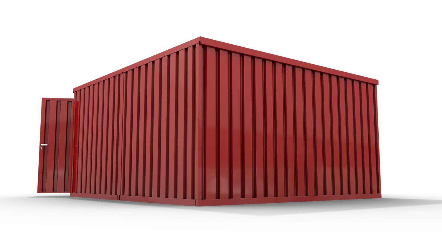 Lagercontainer L2  – 16 qm, H2150 x B4050 x T4340 mm, Außenwandlackierung RAL 3000 feuerrot, Dach außen verzinkt, mit Holzfußboden, 2750 mm Doppelflügeltür mittig in Stirnseite, montiert