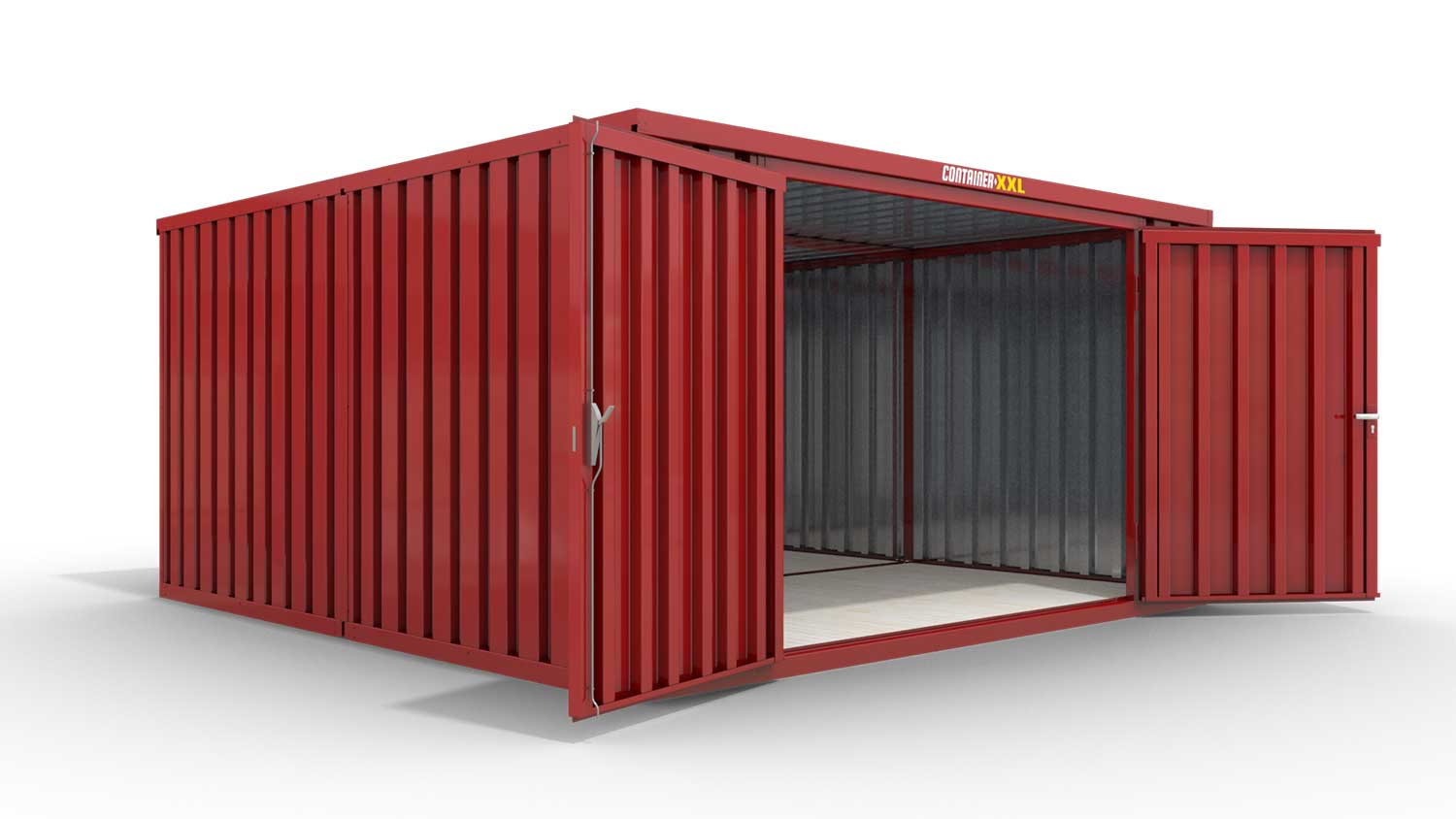 Lagercontainer M2  – 12 qm, H2150 x B3050 x T4340 mm, Außenwandlackierung RAL 3000 feuerrot, Dach außen verzinkt, mit Holzfußboden, 2750 mm Doppelflügeltür mittig in Stirnseite, montiert