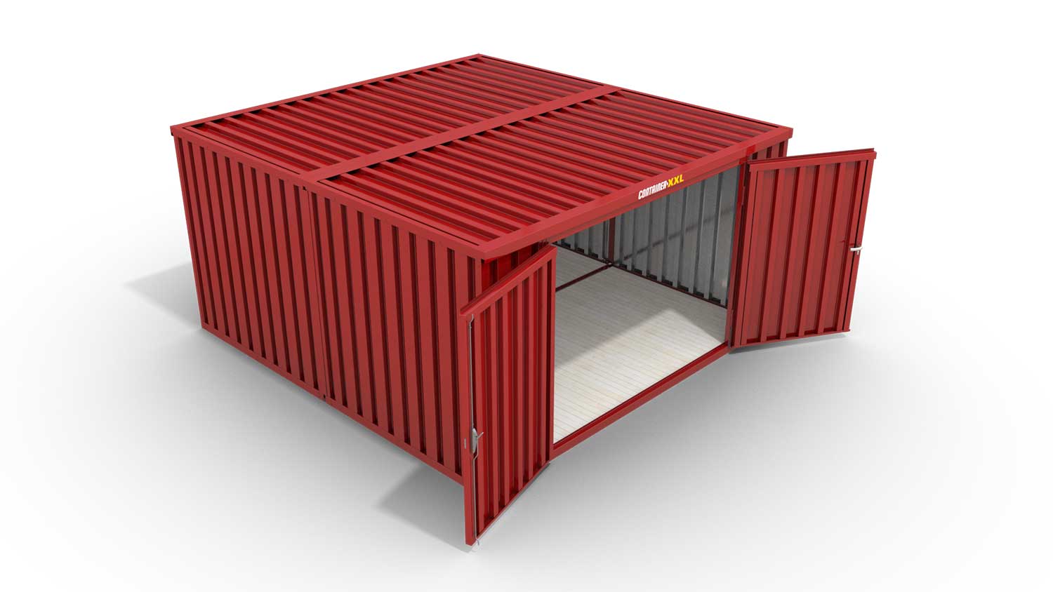 Lagercontainer M2  – 12 qm, H2150 x B3050 x T4340 mm, Außenwandlackierung RAL 3000 feuerrot, Dach außen verzinkt, mit Holzfußboden, 2750 mm Doppelflügeltür mittig in Stirnseite, montiert