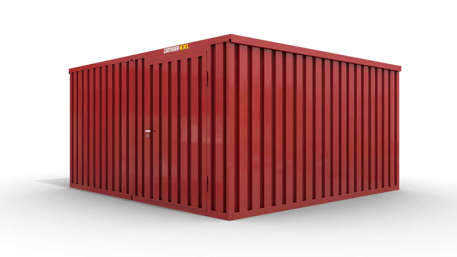 Lagercontainer L2  – 16 qm, H2150 x B4050 x T4340 mm, Außenwandlackierung RAL 3000 feuerrot, Dach außen verzinkt, mit Holzfußboden, 1270 mm Einflügeltür mittig in Modul D, montiert