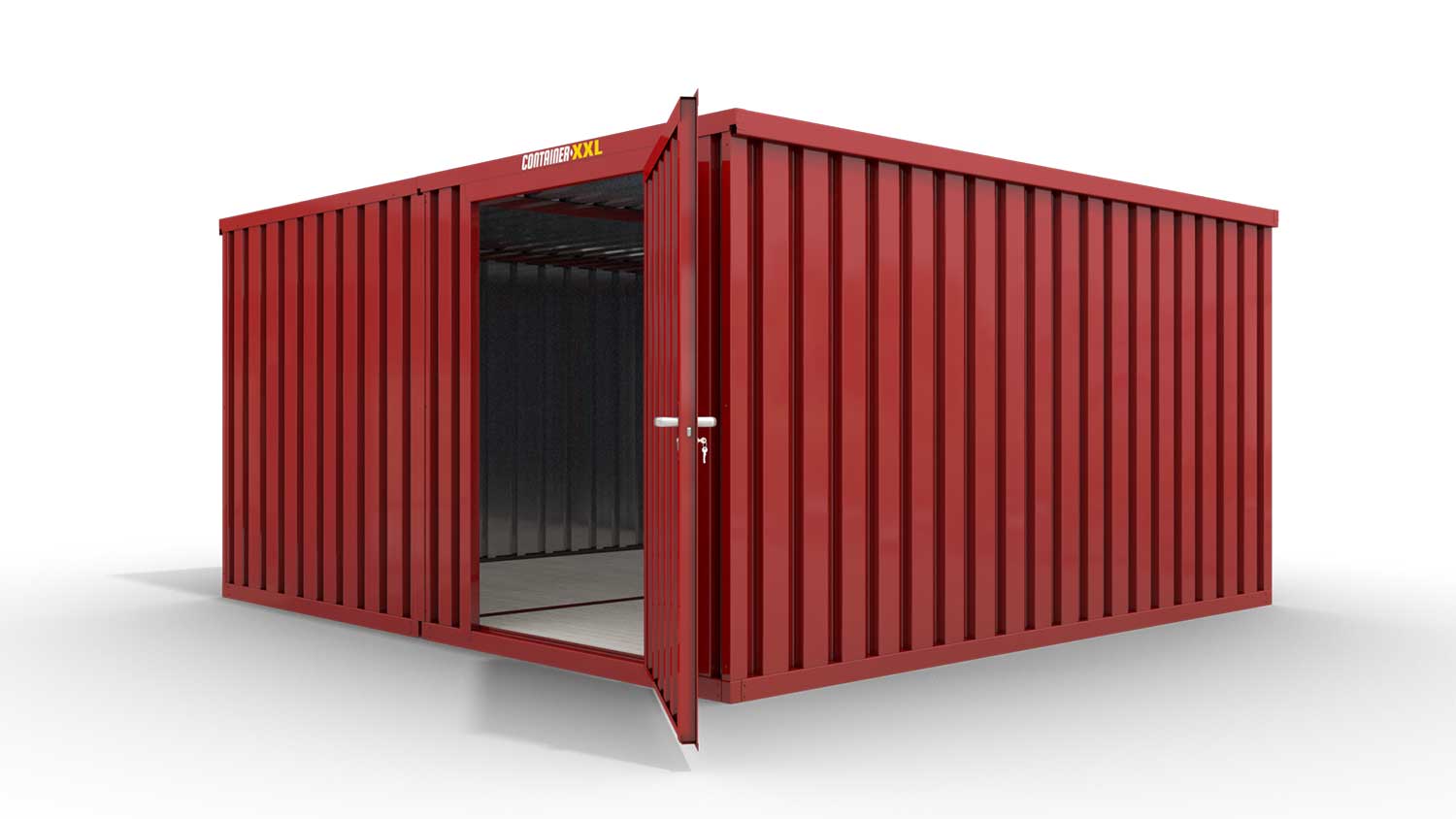 Lagercontainer M2  – 12 qm, H2150 x B3050 x T4340 mm, Außenwandlackierung RAL 3000 feuerrot, Dach außen verzinkt, mit Holzfußboden, 1270 mm Einflügeltür mittig in Modul D, montiert